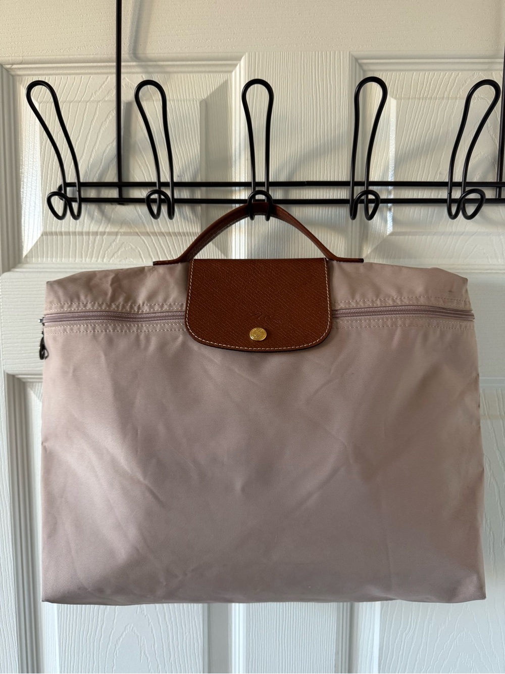 Longchamp Le Pliage Expandable Travel Tote Bag Beige Brown Leather